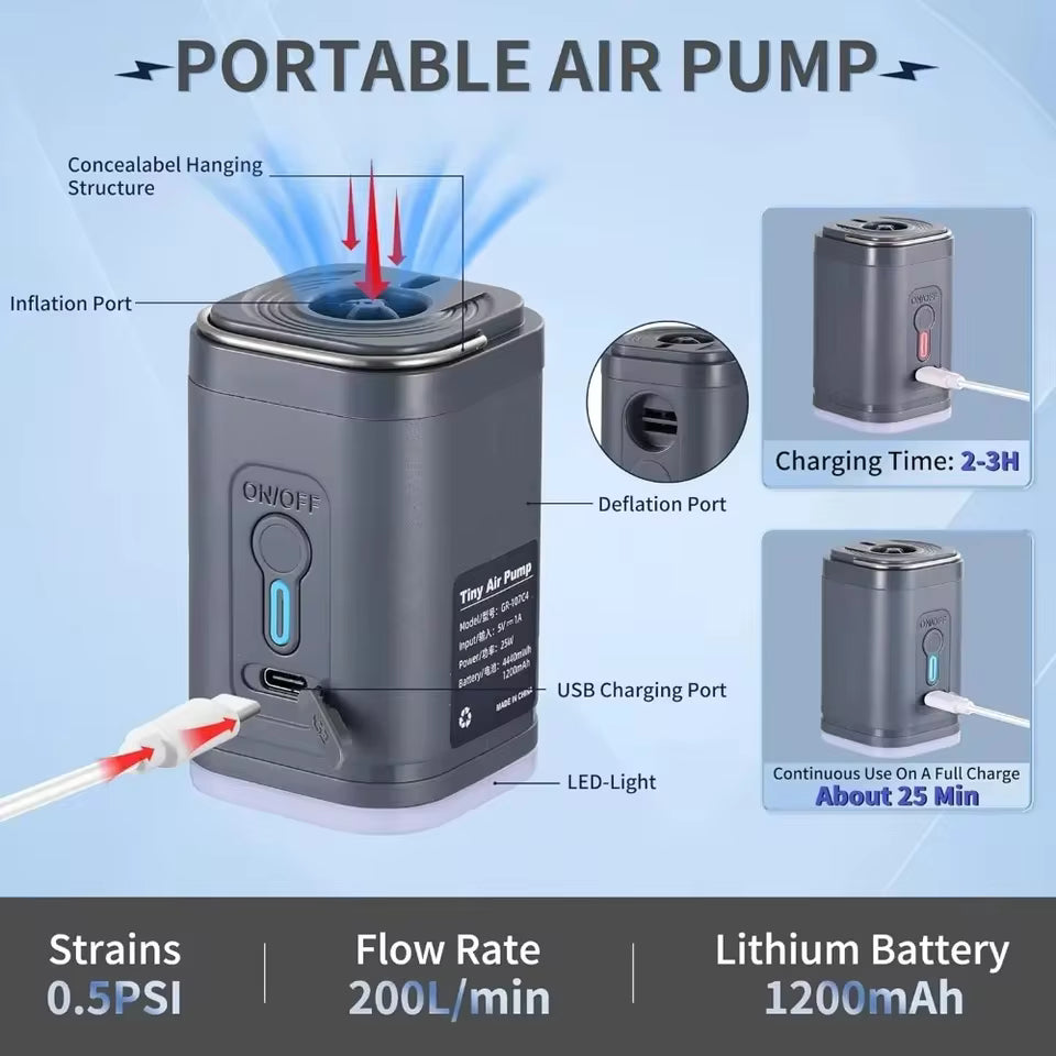 2-in-1 Mini Air Pump & Camping Light – USB-C, Inflate/Deflate
