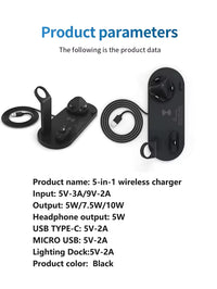 5-in-1 Wireless Charging Station – 40W Fast Charge, for iPhone/Android, Desk Stand, Black/White