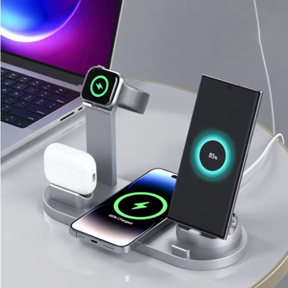 5-in-1 Wireless Charging Station – 40W Fast Charge, for iPhone/Android, Desk Stand, Black/White