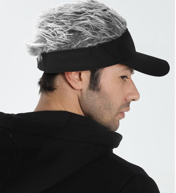 Men's Fashion Visor with Fake Hair – Spiked Wig Cap, UV Protection, Adjustable