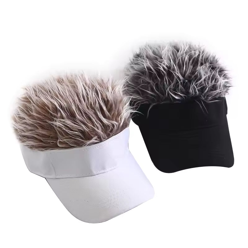 Men's Fashion Visor with Fake Hair – Spiked Wig Cap, UV Protection, Adjustable
