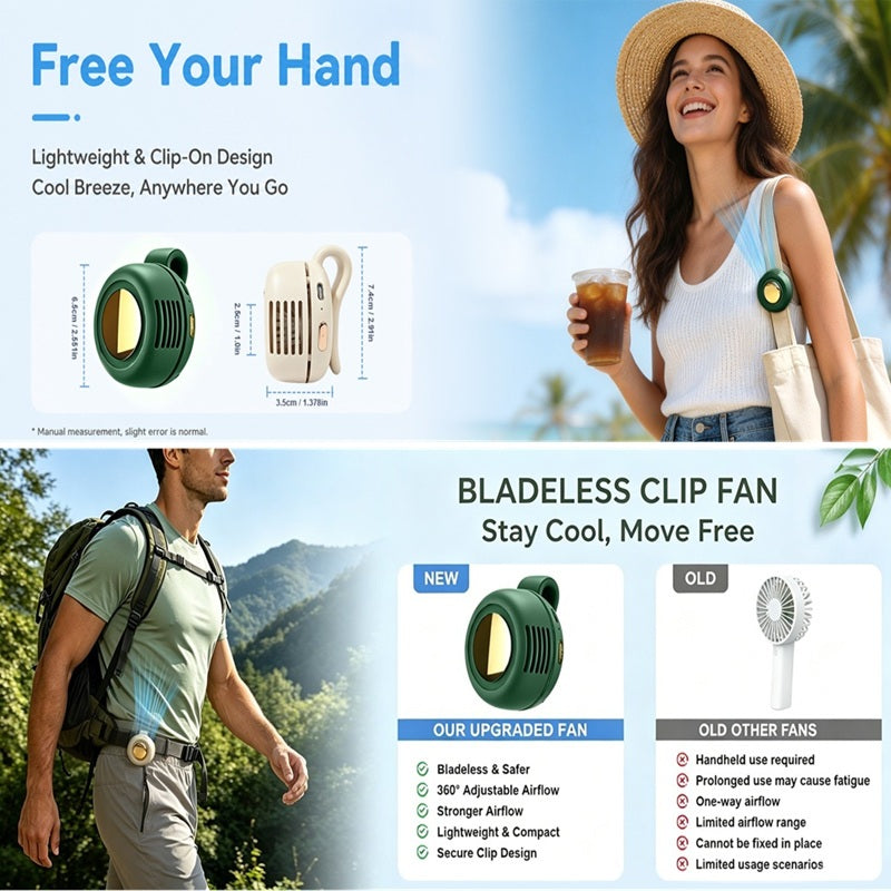 Hands-Free Bladeless Fan – 360° Rotation, 3 Speeds, 5.5H Battery, for Hiking/Commuting/Office