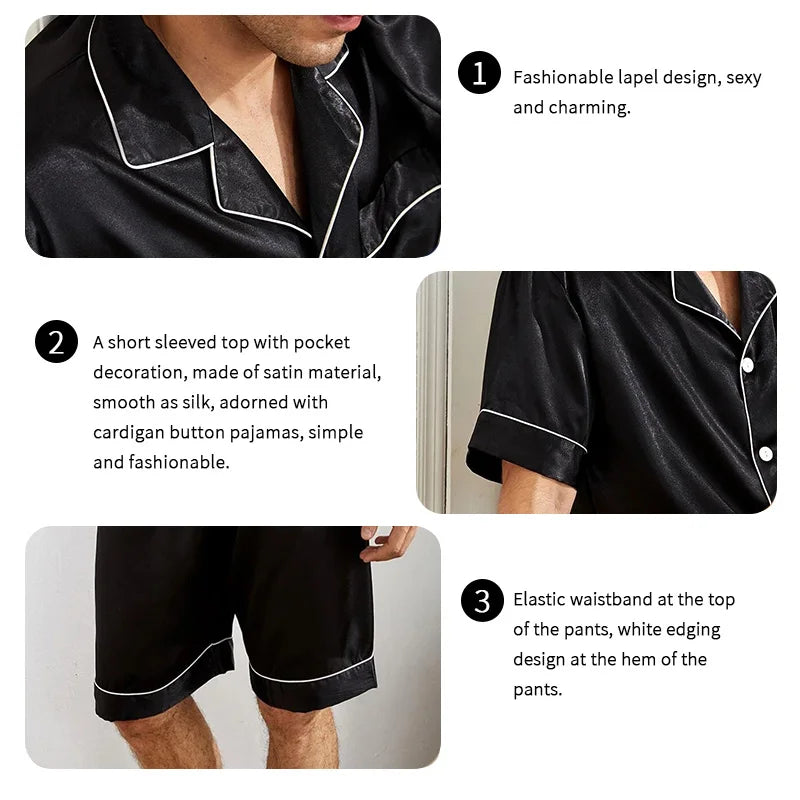 Men's Satin Pajama Set – 2-Piece Short Sleeve, Silky Soft, Lapel Collar, with Pockets, S-XL