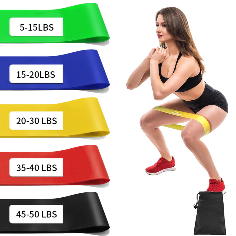 Exercise Resistance Bands – 5 Levels (10-50 lbs), Natural Latex, Loop Bands, Portable Carry Bag