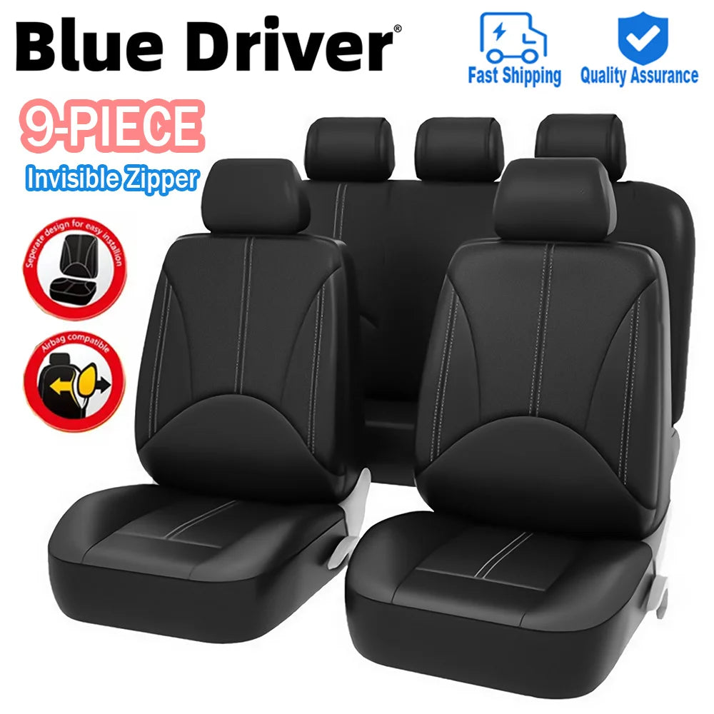 Fundas de asiento de coche de lujo de piel sintética – Juego completo, impermeables, ajuste universal, para todas las estaciones, negras