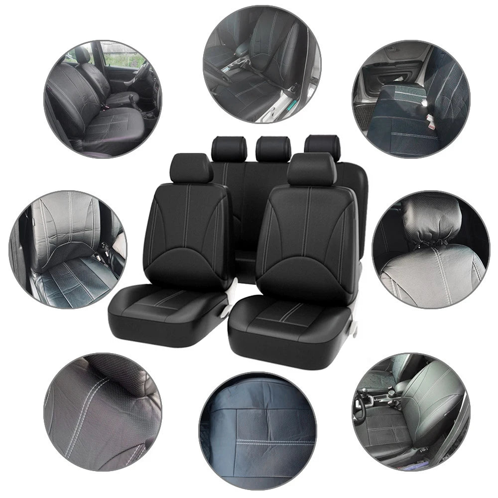 Fundas de asiento de coche de lujo de piel sintética – Juego completo, impermeables, ajuste universal, para todas las estaciones, negras
