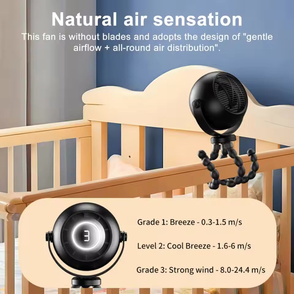 3-Speed Baby Stroller Fan – LED Display & Bladeless