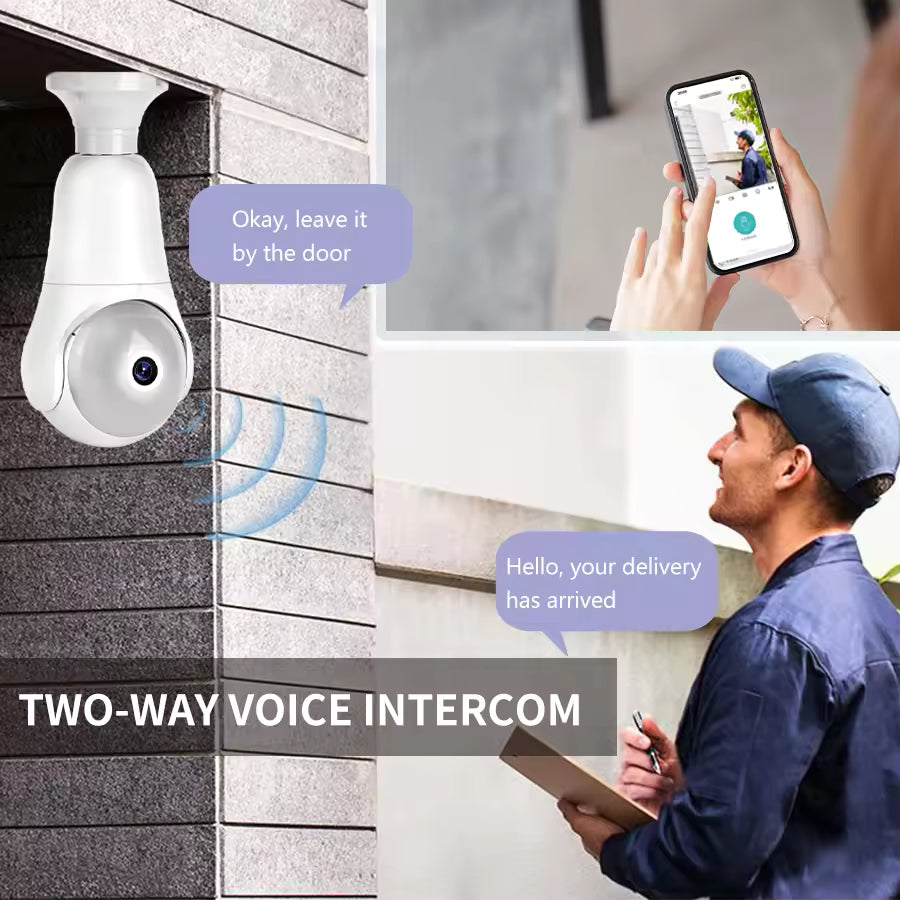 All-in-One Light Bulb Security Camera – 360° PTZ, Motion Alert, Two-Way Talk, Floodlight, IP54, E27