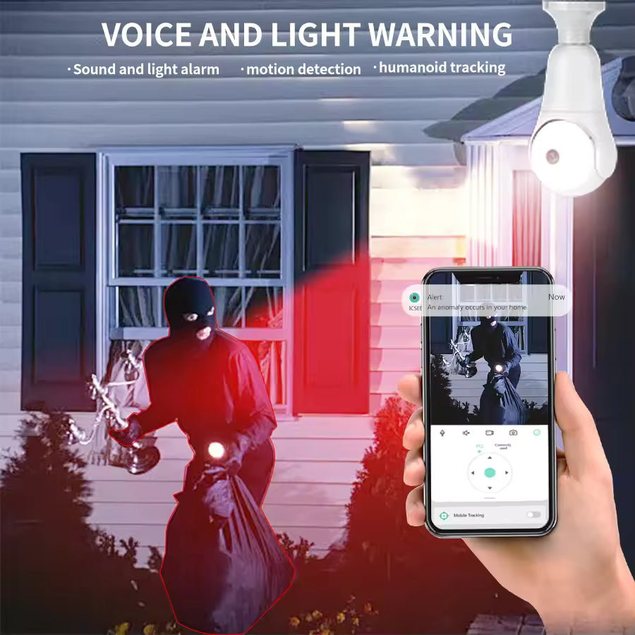 All-in-One Light Bulb Security Camera – 360° PTZ, Motion Alert, Two-Way Talk, Floodlight, IP54, E27